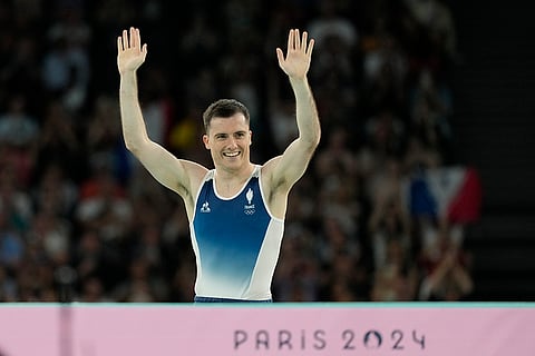 Pierre Gouzou of France competes during men's trampoline finals
